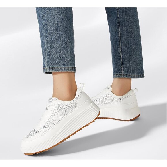 Brand New Women White Rubber LUCKY STEP Rhinestone Platform Chunky Sneakers - Picture 8 of 9